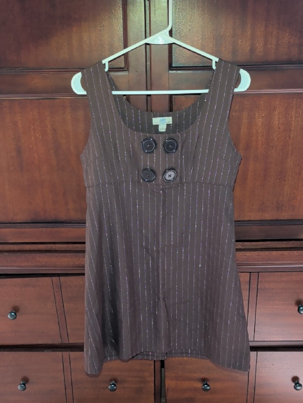 Brown Pinstripe Sleeveless Dress with Button Detail